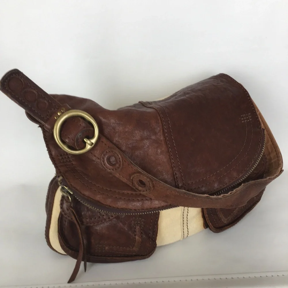 Lucky Brand Italian Leather & Canvas Shoulder Bag Brown Tan Hobo Bag Purse